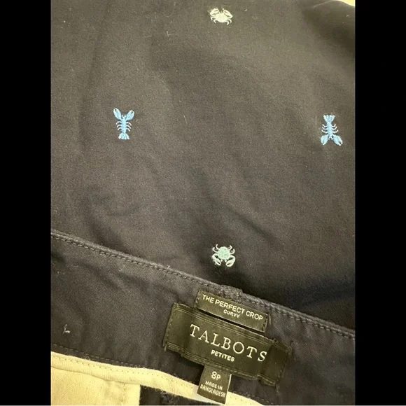 TALBOTS Petite The Perfect Crop Curvy Pants Capri Embroidered Crab Lobster Blue - Picture 7 of 8